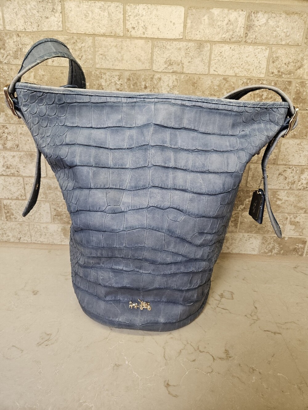 RARE COACH Limited Edition Croc Embossed Denim Blue Leather Bucket Duffle Bag